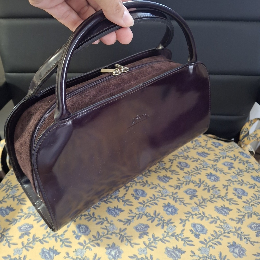 Y2K Vtg Longchamp Eggplant Patent Leather Suede Double Handle Bag Classic Luxury - Picture 3 of 11